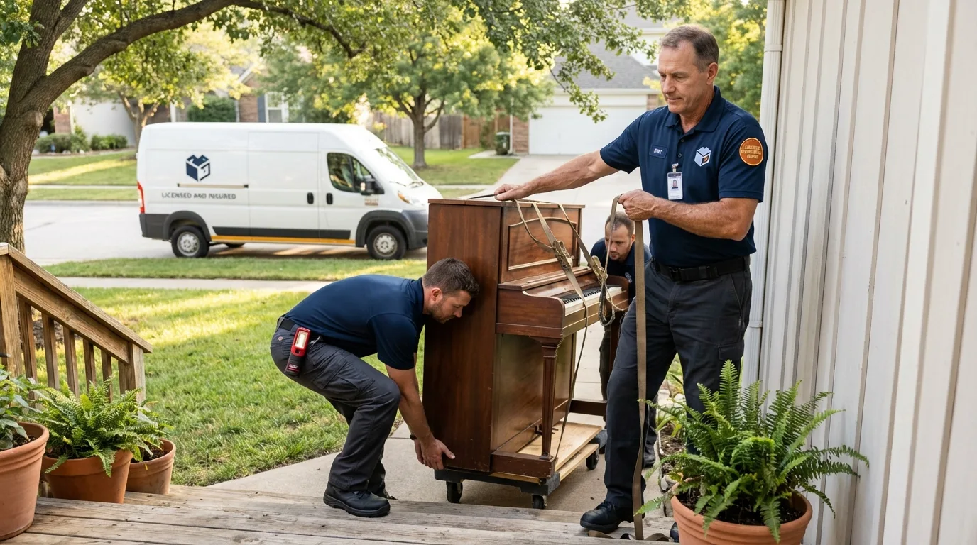 Licensed piano movers securing grand piano in Sagamore, MA