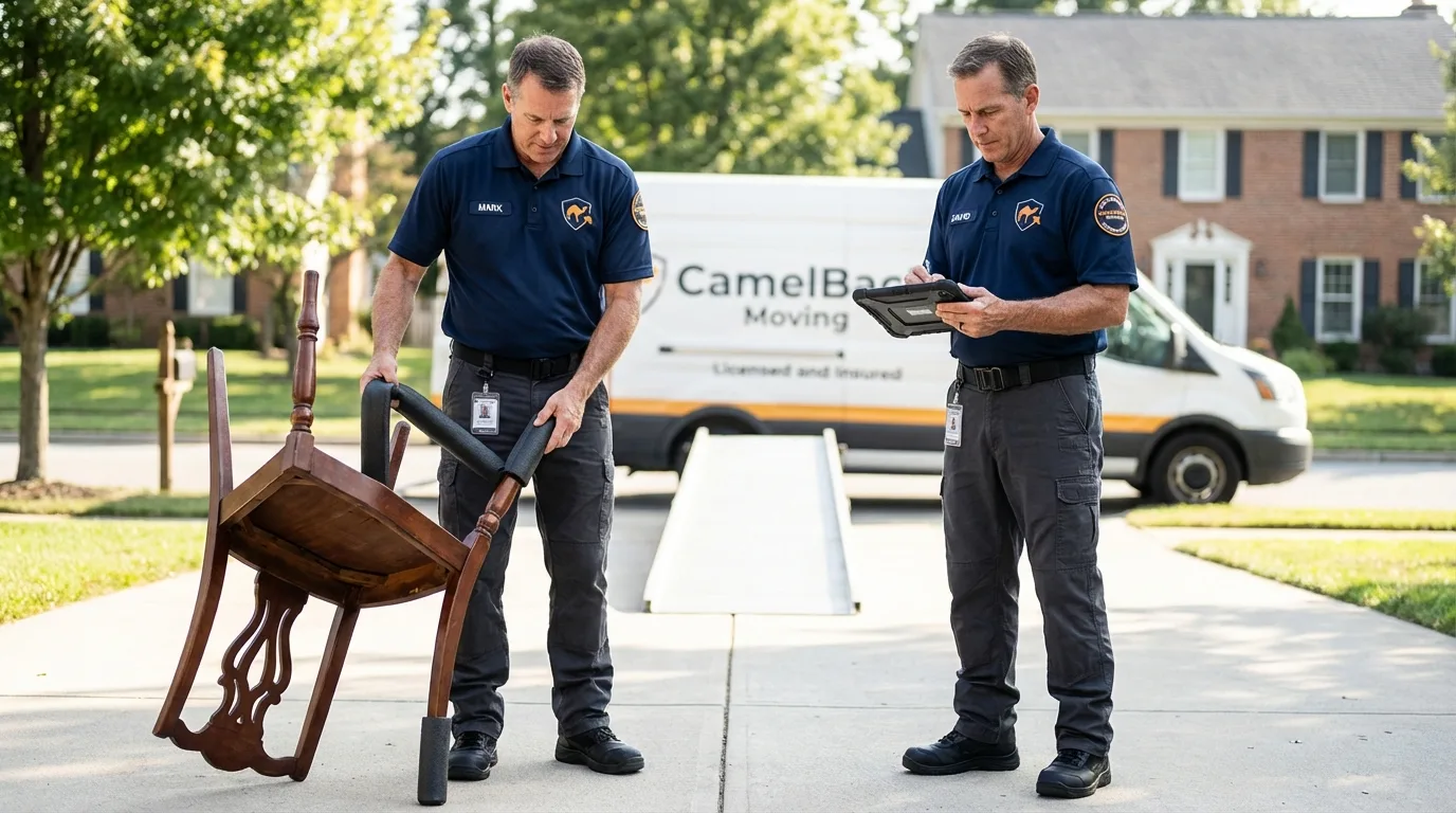 Movers inspecting furniture for damage prevention before loading in Sagamore, MA