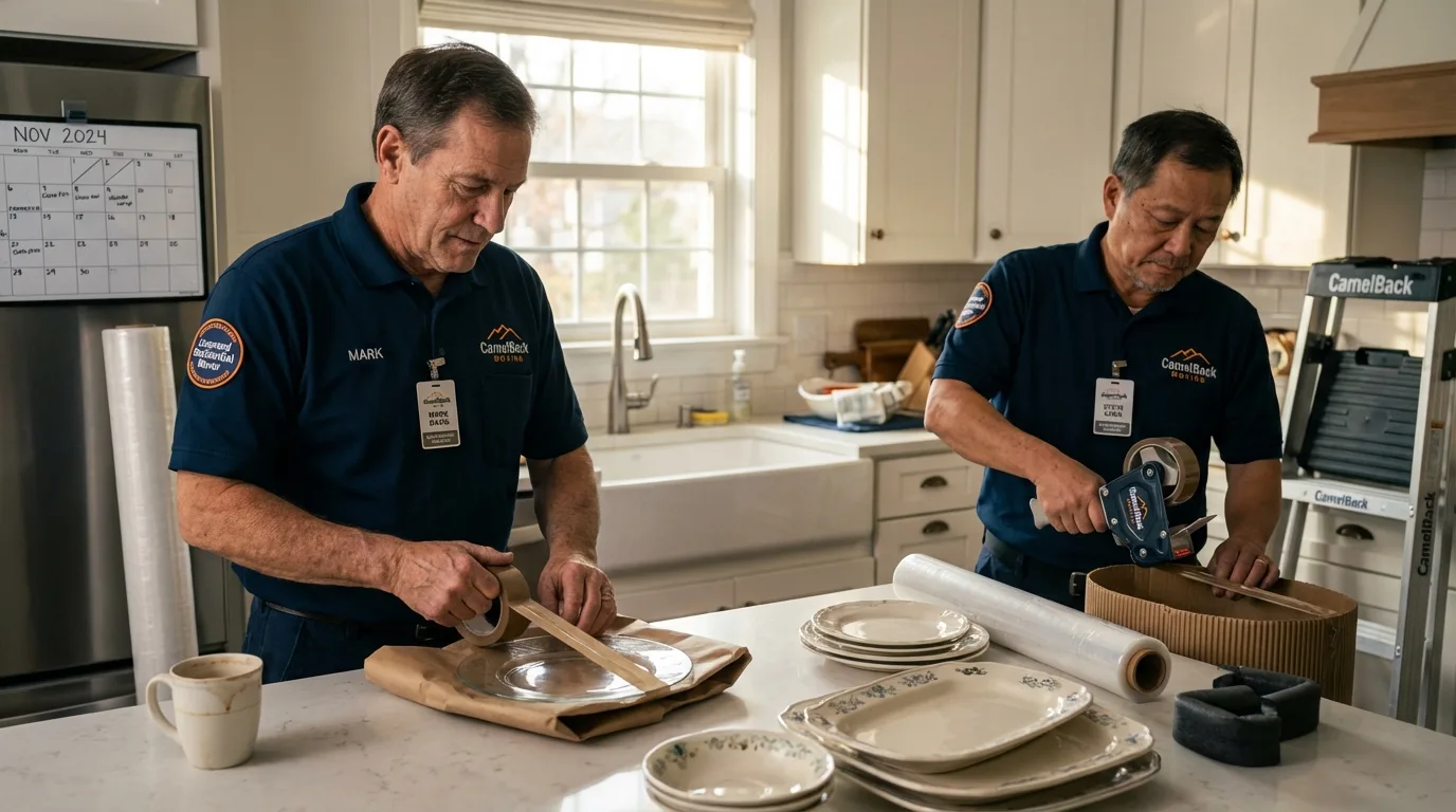 Professional crew packing kitchen dishware in Sagamore, MA